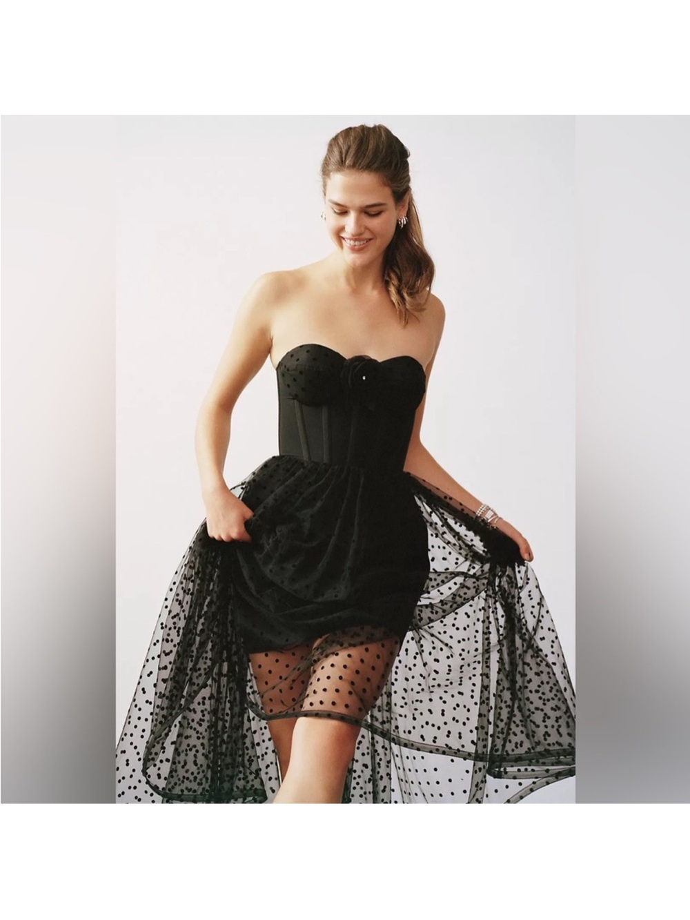 Helsi Valen Strapless Black Polka Dot Tulle Cocktail Dress
